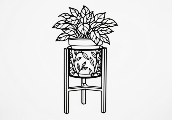 Black Potted Plant on Stand with Leaf