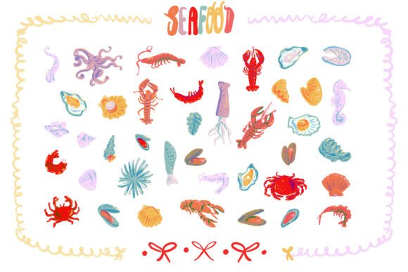 Colorful Hand Drawn Seafood Graphics for Editorial and Web Use
