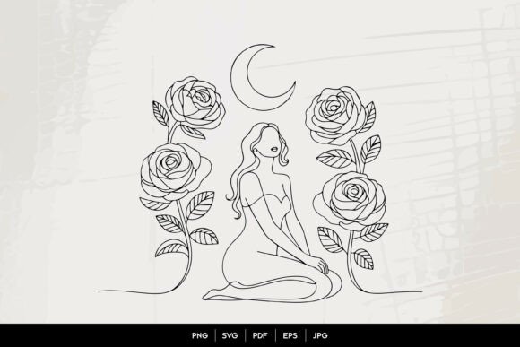 Moon Rose Woman Line Art: Graphics & Illustrations for Editorial Impact
