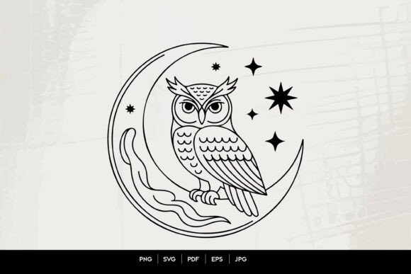 Mystical Owl Moon Celestial Line Art SVG Graphics
