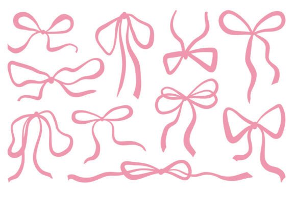Pink Bow Ribbon Doodle Vector Set Cute