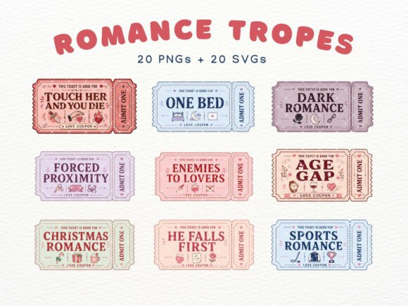 Romance Trope Ticket Cliparts: Bookish Graphics & Illustrations