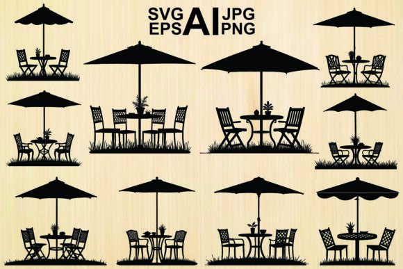 Silhouette Cafe Table Chairs Umbrella Graphics